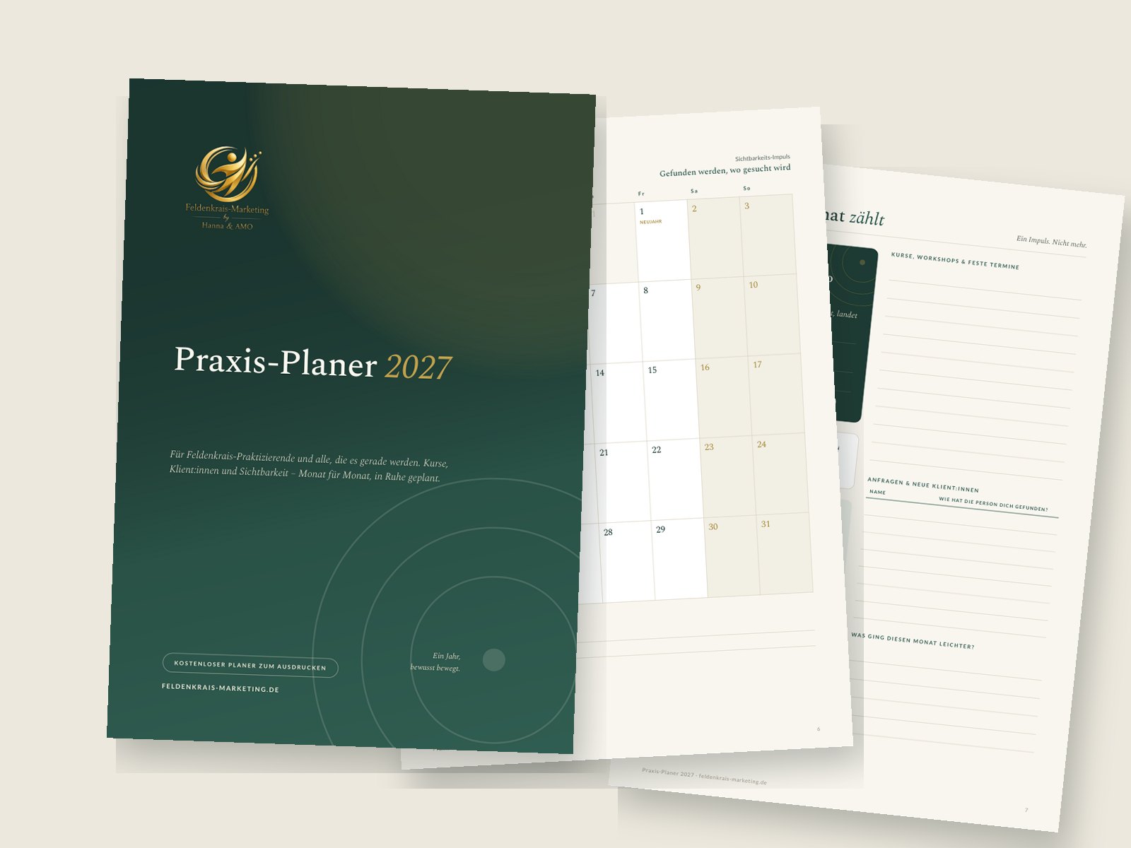 Kostenloser Praxis-Planer 2027 für Feldenkrais-Praktizierende – Cover, Monatskalender und Fokusseite mit Sichtbarkeits-Impuls